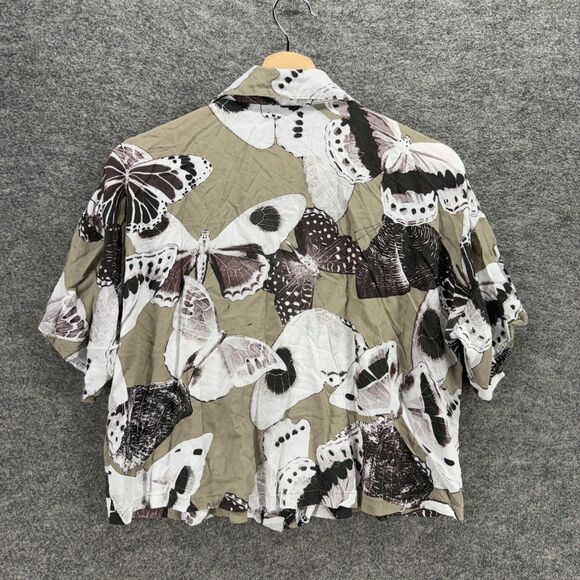 Midnight Shirt Women M Medium Gray Butterfy Print Button Up Collared Rayon - Picture 2 of 7